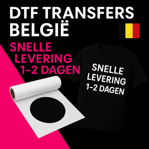 DTF Transfers België - promotionele afbeelding met Belgische vlag, magenta en zwart ontwerp, DTF transfervel, t-shirt en tekst "Snelle levering 1-2 dagen
