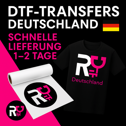DTF-Transfers Deutschland - RoyalDTF Werbebild mit Deutschlandflagge, magentafarbenem und schwarzem Design, DTF-Transferfolie, Marken-T-Shirt und dem Text "SCHNELLE LIEFERUNG 1-2 TAGE".
