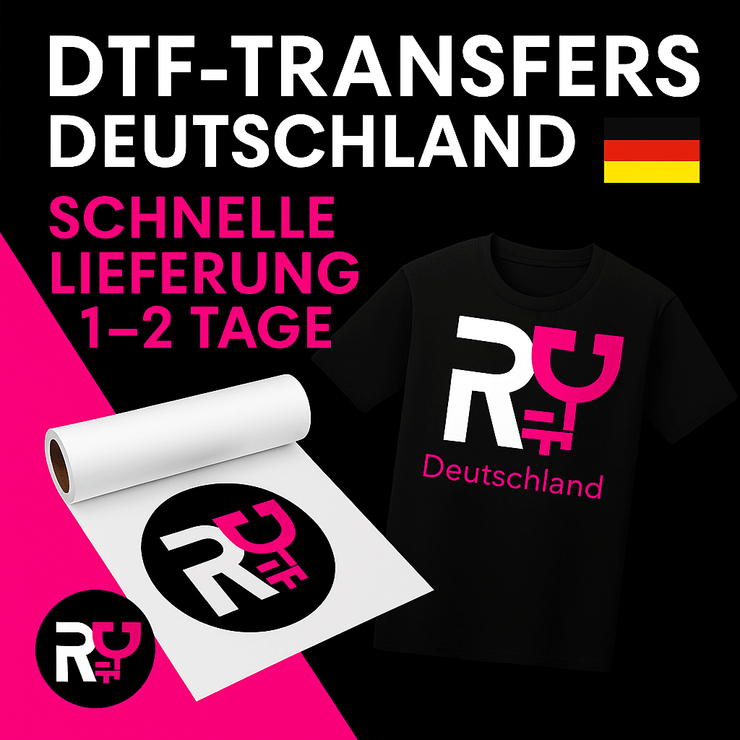 DTF-Transfers Deutschland - RoyalDTF promocijska slika z zastavo Nemčije, magenta in črnim dizajnom, DTF transfer filmom, majico z blagovno znamko in besedilom "SCHNELLE LIEFERUNG 1-2 TAGE".