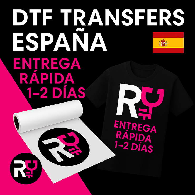 Transferencias DTF España: promocijska grafika z bandera de España, fondo magenta y negro, hoja de transferencia DTF, camiseta personalizada RoyalDTF y texto "ENTREGA RÁPIDA 1-2 DÍAS".