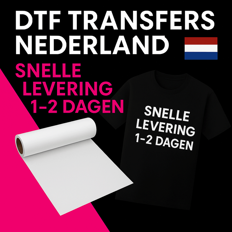 DTF transfers Nederland - promotionele afbeelding met Nederlandse vlag, magenta en zwart ontwerp, DTF transferfilm, t-shirt en tekst "Snelle levering 1-2 dagen