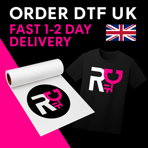Bestellen Sie DTF EU - RoyalDTF Marken-DTF-Transferfolienrolle und bedrucktes T-Shirt mit britischer Flagge, magentafarbenem und schwarzem Farbthema, und schnelle 1-2 Tage Lieferung hervorgehoben.